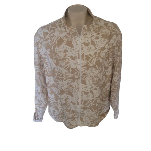 Floral Beige & White Zip-Up Jacket By Weekenders XXL 90% Cotton 10% Spandex Wome - Picture 1 of 5